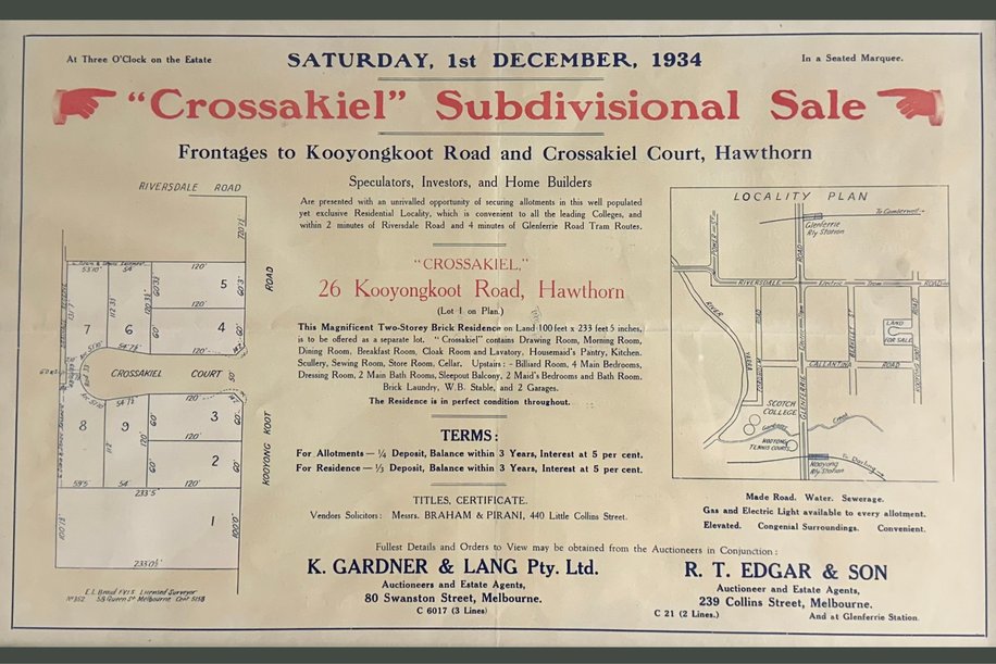 The 1934 "Crossakiel" subdivisional sale, auctioned by R.T. Edgar & Son
Source: Warwick Anderson personal collection
