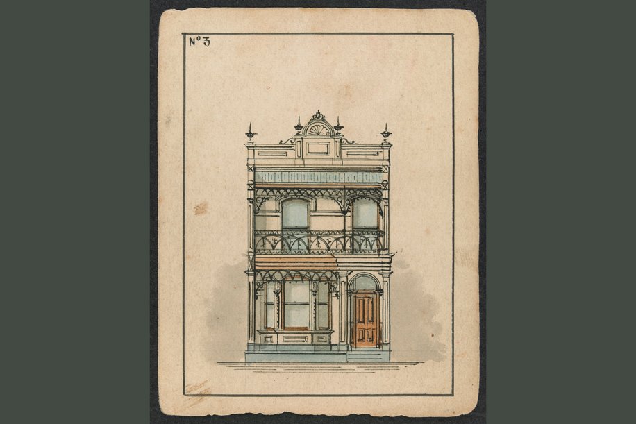 Sketch of a Victorian balconied terrace, c1885, by architect Olaff Nichol Nicholson
Source: State Library of Victoria